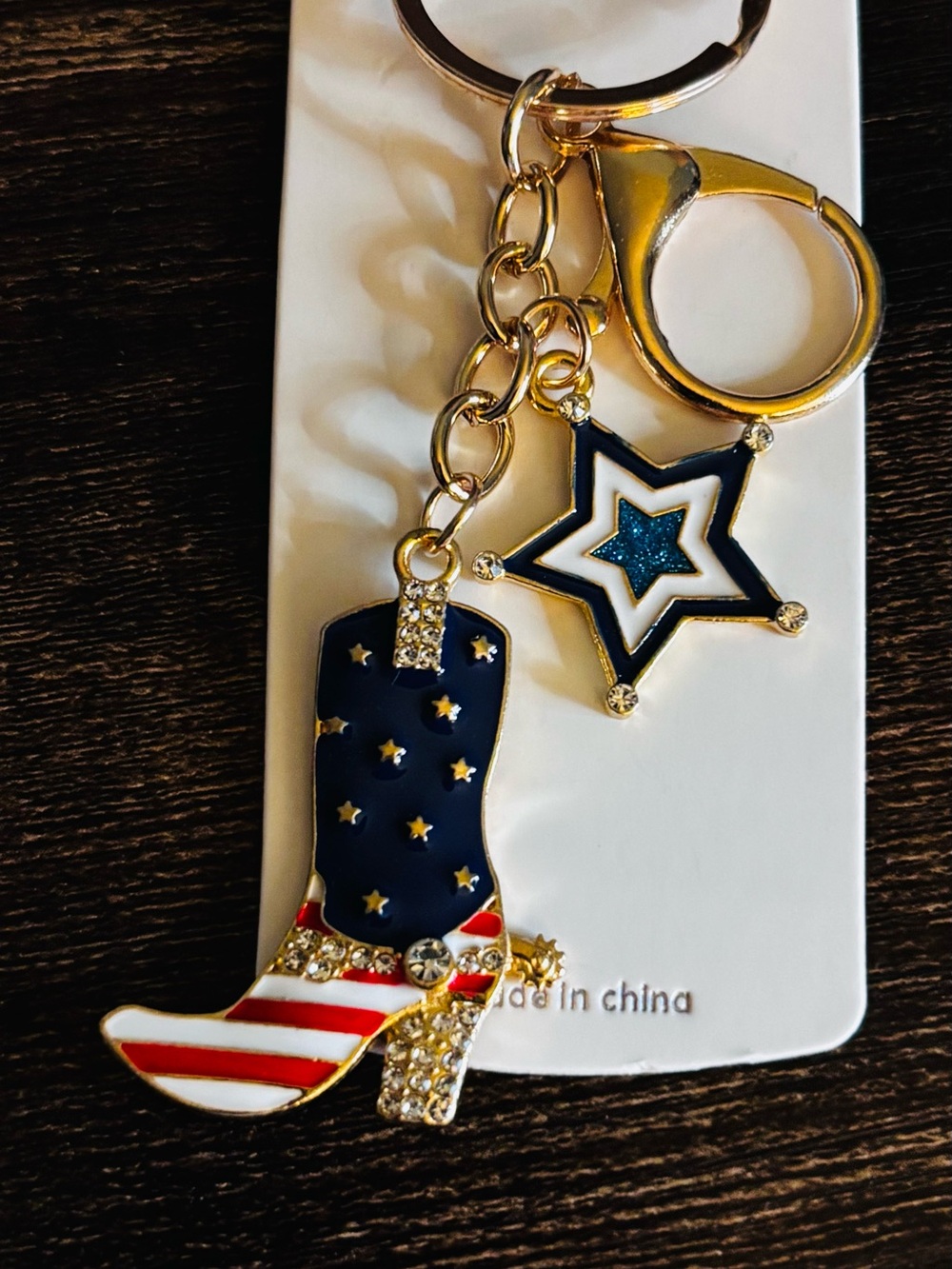 Mint Gold-Tone Patriotic Cowboy Boot & Star Keychain - Navy, Red, White